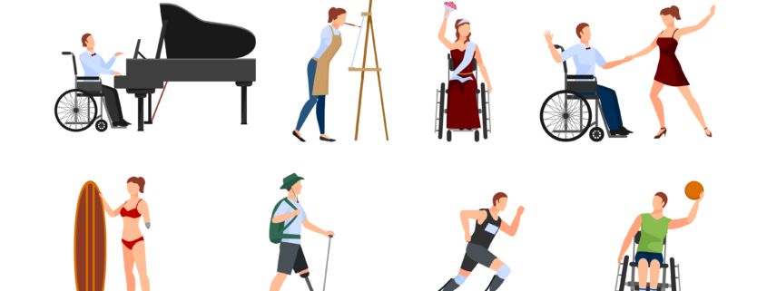 Une collection d'illustrations montrant des personnes souffrant de divers handicaps s'adonnant à des activités telles que les repas, l'éducation des enfants, la peinture, l'exercice, le piano, le sport, la danse, le travail et la vie sociale au Musée de la Toile de Jouy. - Musée de la Toile de Jouy