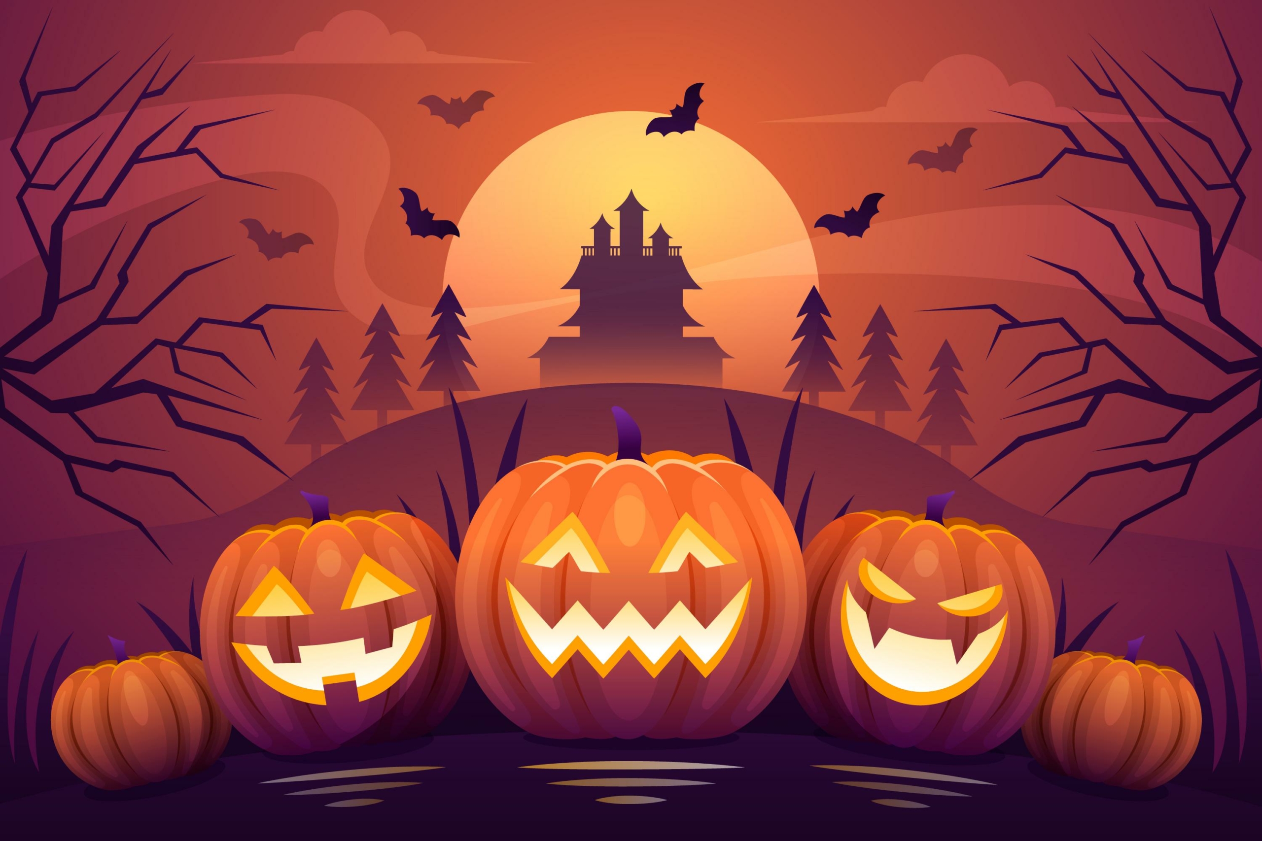4183289 Trois lanternes lumineuses se trouvent au premier plan d'une scène d'Halloween effrayante près du musée de la Toile de Jouy, avec une maison hantée, des arbres dénudés et des chauves-souris volant devant une grande lune jaune à l'arrière-plan. - Musée de la Toile de Jouy
