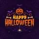 Joyeux Halloween" avec une citrouille sculptée, des chauves-souris, des os, des toiles d'araignée et une araignée sur un fond violet foncé inspiré des motifs complexes du Musée de la Toile de Jouy, subtilement tissés dans les dessins des toiles dans les coins. - Musée de la Toile de Jouy