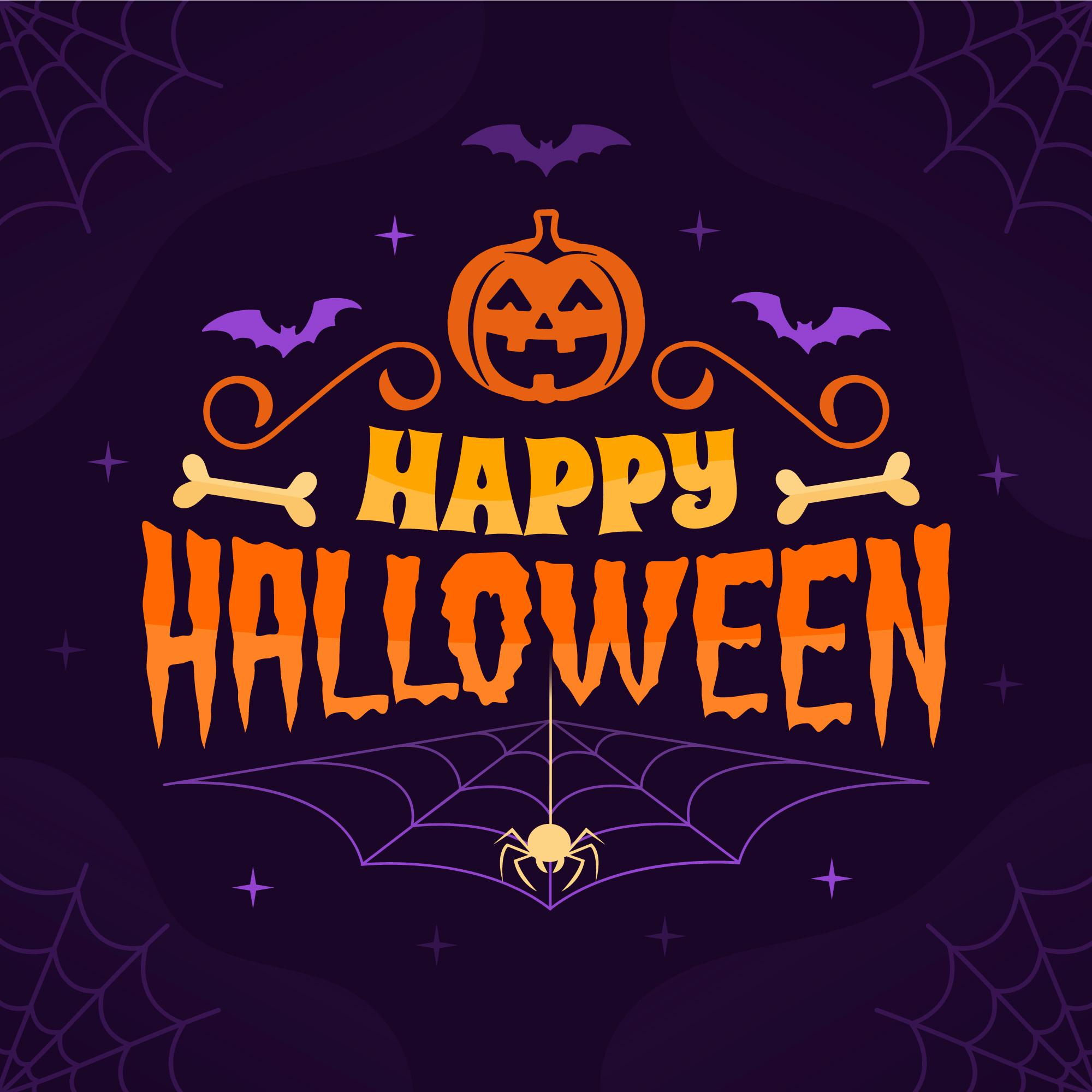 Joyeux Halloween" avec une citrouille sculptée, des chauves-souris, des os, des toiles d'araignée et une araignée sur un fond violet foncé inspiré des motifs complexes du Musée de la Toile de Jouy, subtilement tissés dans les dessins des toiles dans les coins. - Musée de la Toile de Jouy