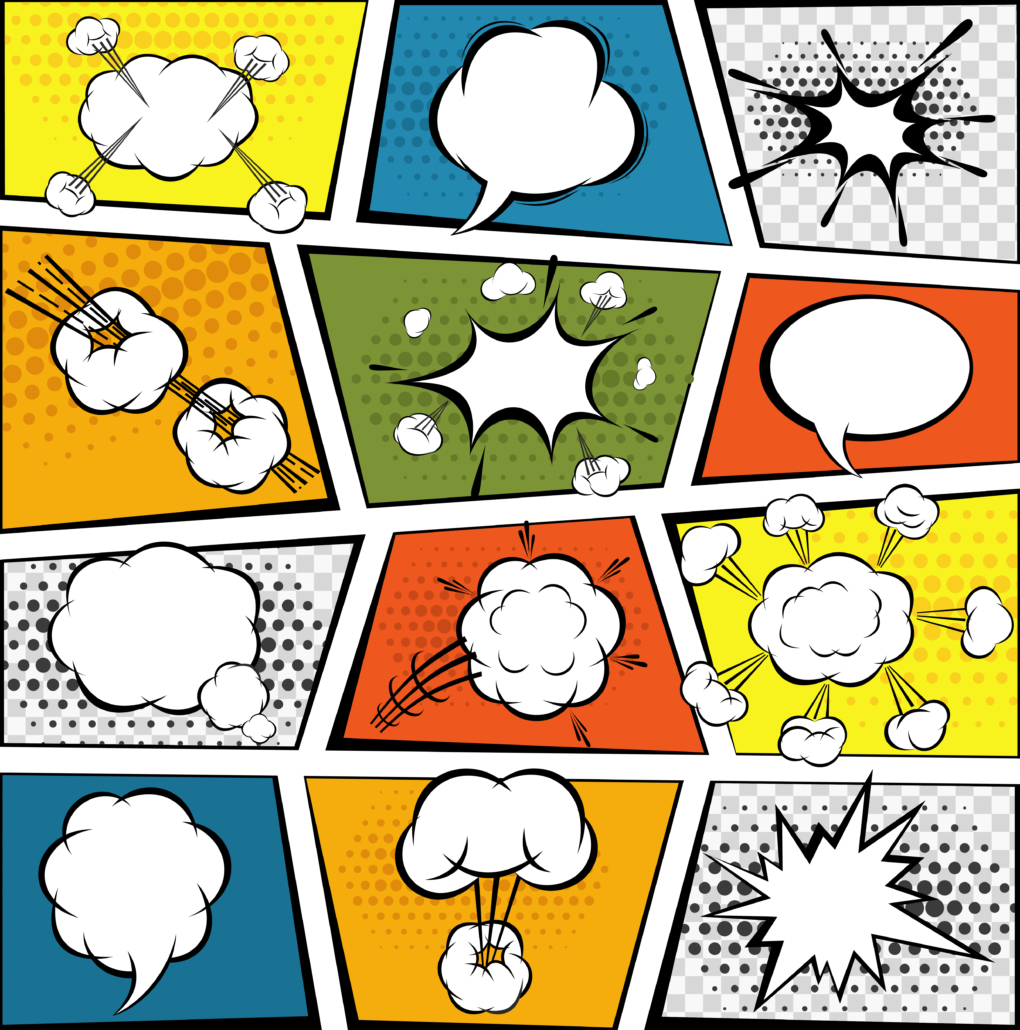 Page de bande dessinée colorée composée de plusieurs panneaux présentant diverses bulles vides, des formes d'explosion et des nuages, inspirés par des motifs vibrants rappelant le Musée de la Toile de Jouy, sur des fonds jaunes, verts, orange, bleus, gris et pointillés. - Musée de la Toile de Jouy