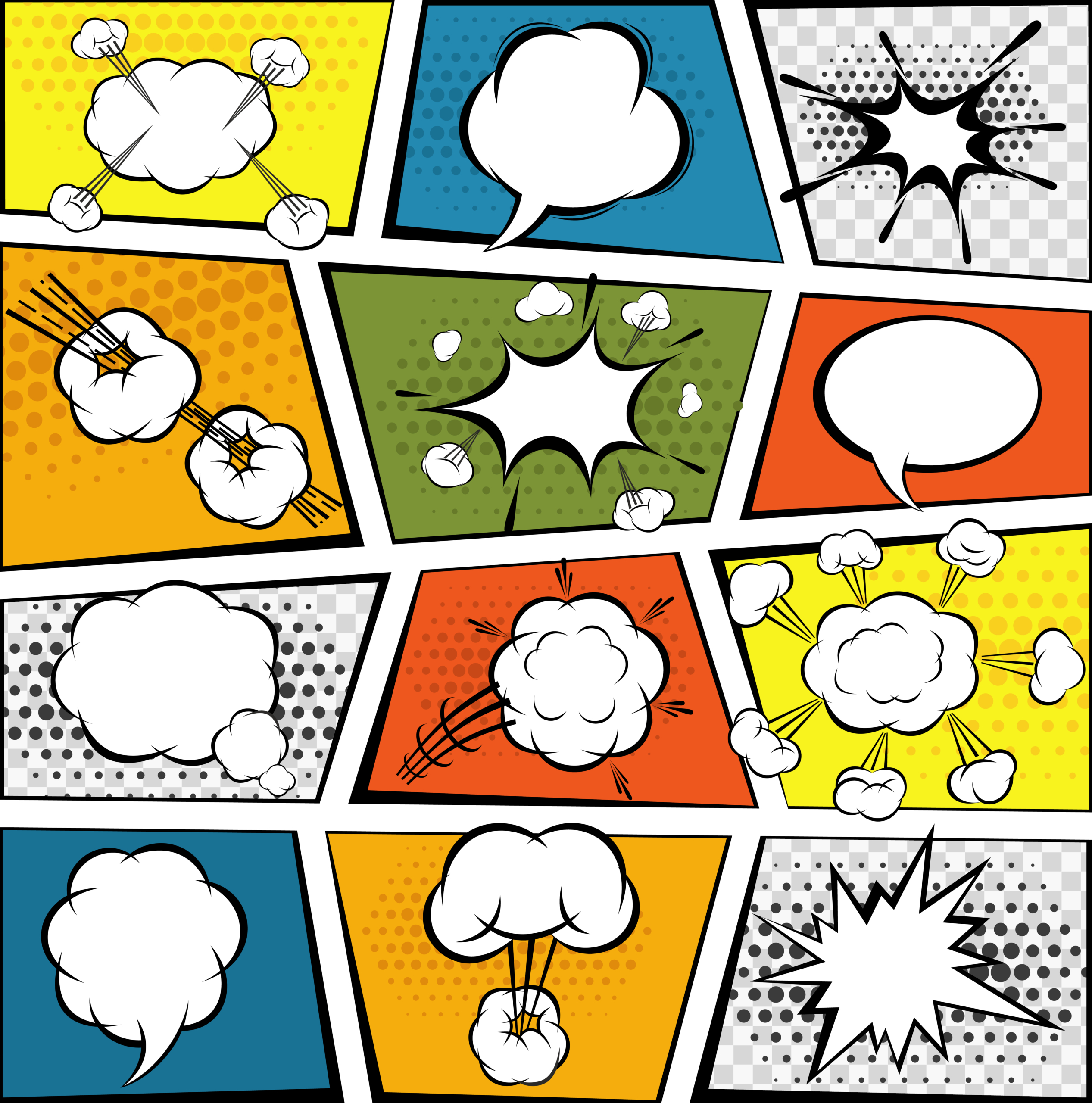 Page de bande dessinée colorée composée de plusieurs panneaux présentant diverses bulles vides, des formes d'explosion et des nuages, inspirés par des motifs vibrants rappelant le Musée de la Toile de Jouy, sur des fonds jaunes, verts, orange, bleus, gris et pointillés. - Musée de la Toile de Jouy