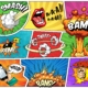 Une bande dessinée colorée avec des effets sonores explosifs - "SMASH !", "BOOM !", "HELLO !" - et des images dynamiques comme des explosions et une bombe, inspirée du pop art exposé au Musée de la Toile de Jouy. - Musée de la Toile de Jouy