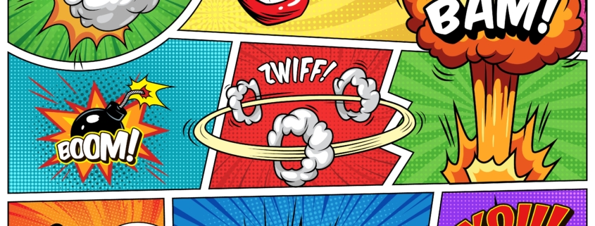 Une bande dessinée colorée avec des effets sonores explosifs - "SMASH !", "BOOM !", "HELLO !" - et des images dynamiques comme des explosions et une bombe, inspirée du pop art exposé au Musée de la Toile de Jouy. - Musée de la Toile de Jouy