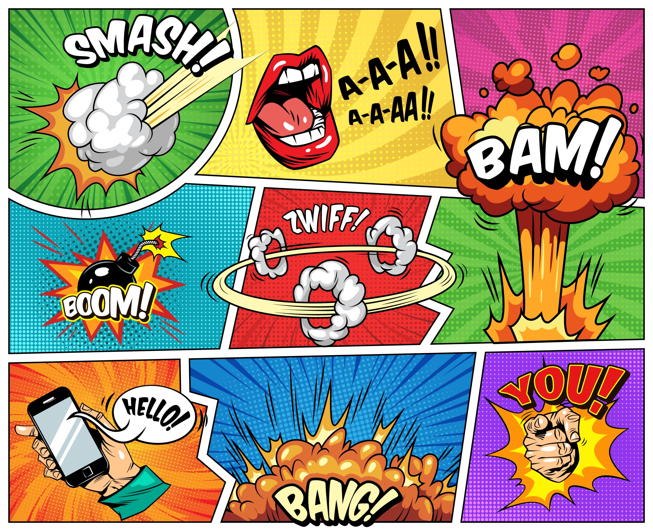 794 Une bande dessinée colorée avec des effets sonores explosifs - "SMASH !", "BOOM !", "HELLO !" - et des images dynamiques comme des explosions et une bombe, inspirée du pop art exposé au Musée de la Toile de Jouy. - Musée de la Toile de Jouy