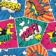 Motif coloré de style bande dessinée avec des bulles et des mots explosifs tels que "BOOM !", "OMG !!" et "OOPS !!" en caractères gras, inspirés du pop art exposé au Musée de la Toile de Jouy, entourés de lignes dynamiques, de points et de formes de nuages. - Musée de la Toile de Jouy