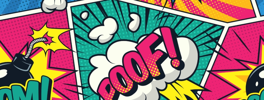 Motif coloré de style bande dessinée avec des bulles et des mots explosifs tels que "BOOM !", "OMG !!" et "OOPS !!" en caractères gras, inspirés du pop art exposé au Musée de la Toile de Jouy, entourés de lignes dynamiques, de points et de formes de nuages. - Musée de la Toile de Jouy