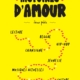 Affiche jaune vif avec texte noir en gras "Histoires d'Amour Jeune public". Des chemins de cœur en pointillés relient des mots tels que "Spectacle", "Handicap", "Lecture", etc. Site web et informations au bas de l'affiche. - Musée de la Toile de Jouy