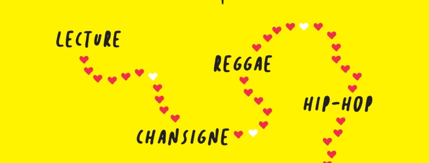 Affiche jaune vif avec texte noir en gras "Histoires d'Amour Jeune public". Des chemins de cœur en pointillés relient des mots tels que "Spectacle", "Handicap", "Lecture", etc. Site web et informations au bas de l'affiche. - Musée de la Toile de Jouy