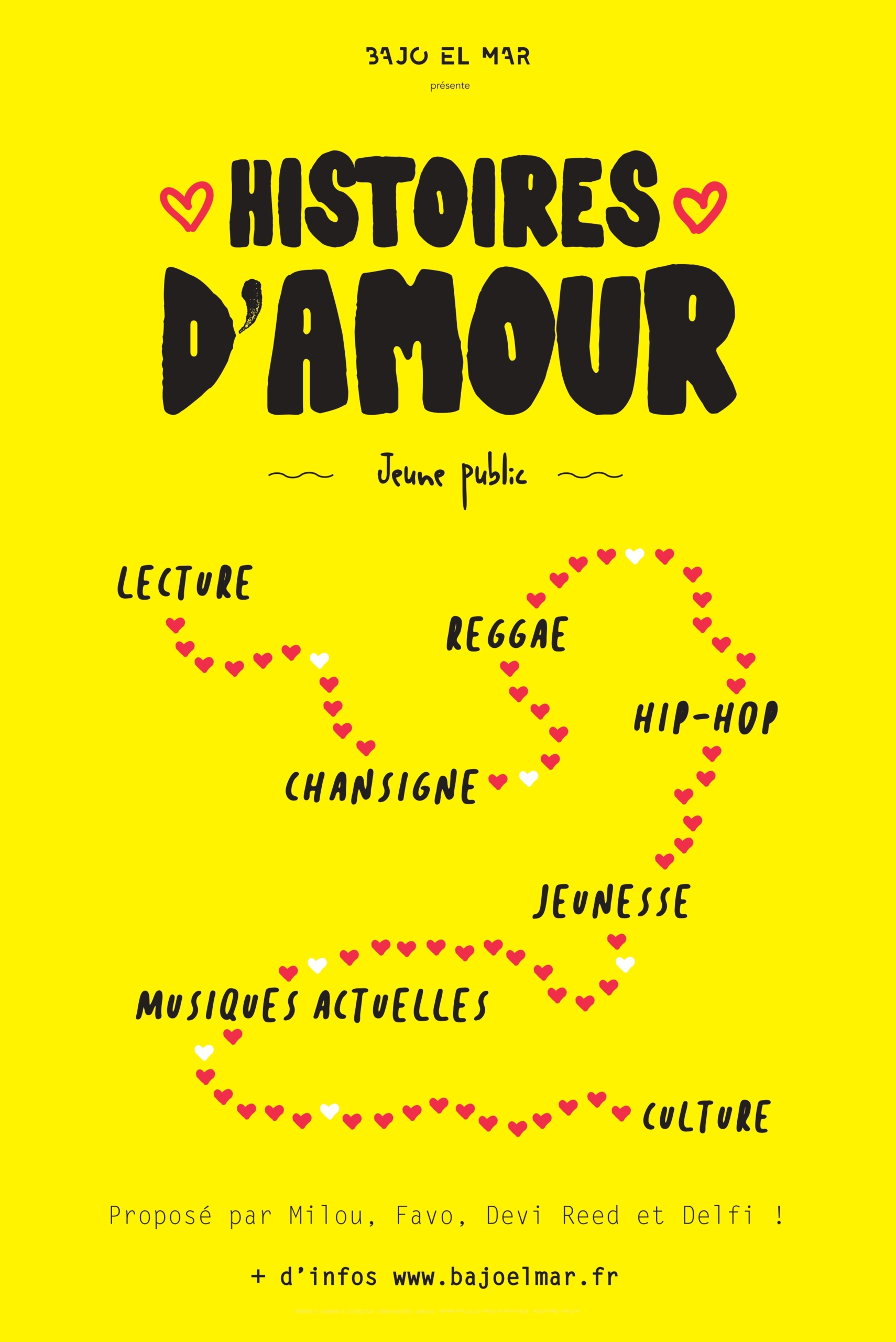 Affiche jaune vif avec texte noir en gras "Histoires d'Amour Jeune public". Des chemins de cœur en pointillés relient des mots tels que "Spectacle", "Handicap", "Lecture", etc. Site web et informations au bas de l'affiche. - Musée de la Toile de Jouy