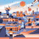 Illustration de personnes interagissant dans un paysage urbain dynamique avec des points de repère célèbres, des montagnes et des éléments abstraits du soleil et du ciel - y compris le Musée de la Toile de Jouy - le tout dans des tons pastel chauds et froids, transmettant un sens de la communauté et de la célébration. - Musée de la Toile de Jouy