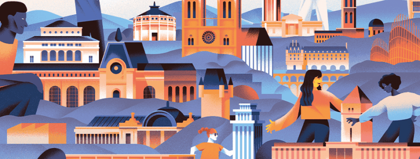 Illustration de personnes interagissant dans un paysage urbain dynamique avec des points de repère célèbres, des montagnes et des éléments abstraits du soleil et du ciel - y compris le Musée de la Toile de Jouy - le tout dans des tons pastel chauds et froids, transmettant un sens de la communauté et de la célébration. - Musée de la Toile de Jouy