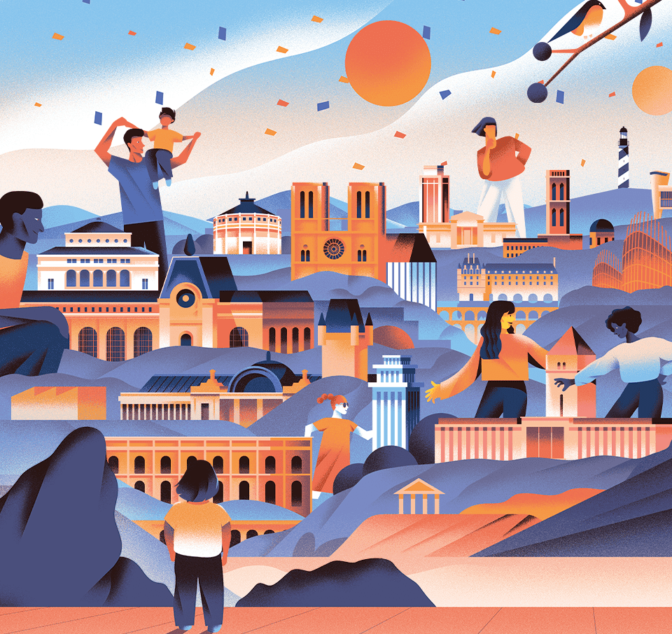 Illustration de personnes interagissant dans un paysage urbain dynamique avec des points de repère célèbres, des montagnes et des éléments abstraits du soleil et du ciel - y compris le Musée de la Toile de Jouy - le tout dans des tons pastel chauds et froids, transmettant un sens de la communauté et de la célébration. - Musée de la Toile de Jouy