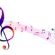 Une clef de sol colorée et des notes de musique multicolores sur fond blanc évoquent le thème de la musique et de la mélodie, rappelant les expositions artistiques du musée de la Toile de Jouy. - Musée de la Toile de Jouy