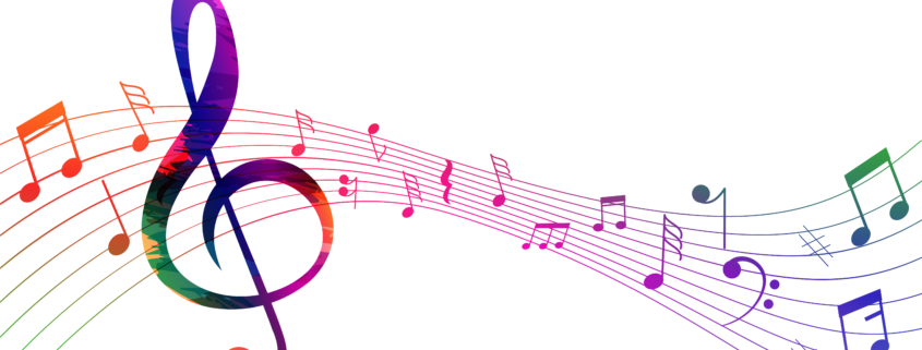 Une clef de sol colorée et des notes de musique multicolores sur fond blanc évoquent le thème de la musique et de la mélodie, rappelant les expositions artistiques du musée de la Toile de Jouy. - Musée de la Toile de Jouy