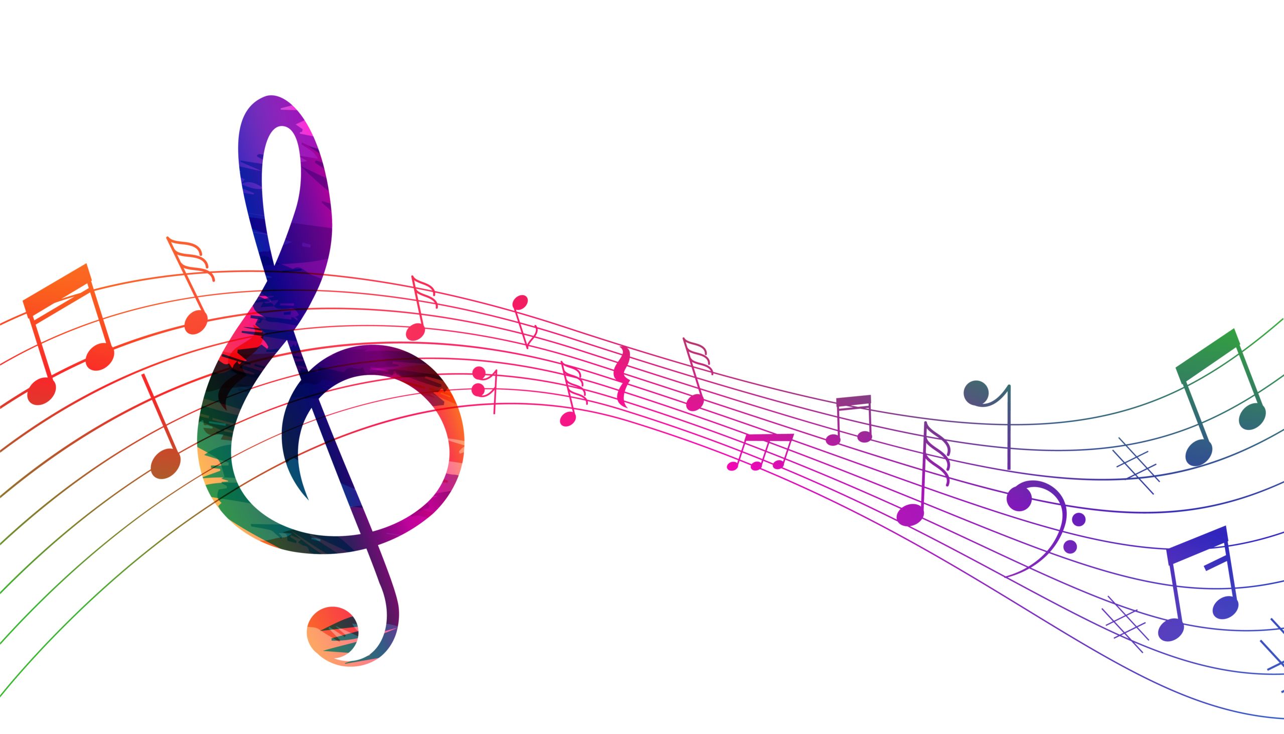 SL-123119-26540-43 Une clef de sol colorée et des notes de musique multicolores sur fond blanc évoquent le thème de la musique et de la mélodie, rappelant les expositions artistiques du musée de la Toile de Jouy. - Musée de la Toile de Jouy