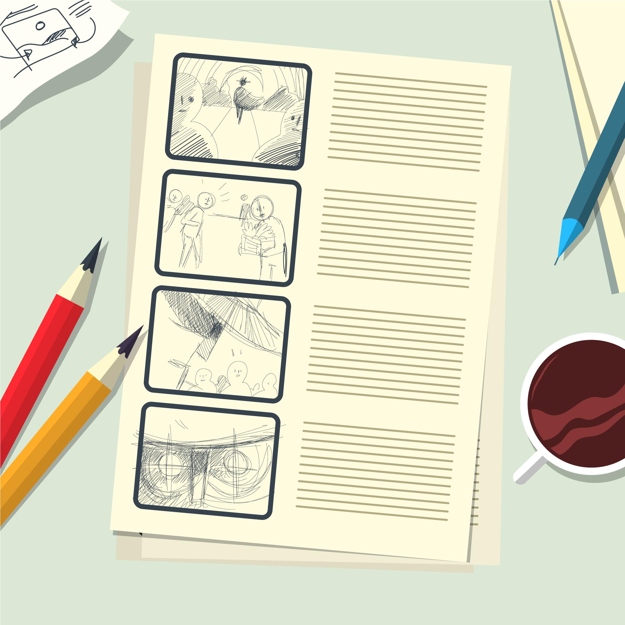 Une page de scénario de bande dessinée avec quatre panneaux esquissés, des lignes de texte à côté de chaque panneau, deux crayons, une tasse de café, un stylo bleu et un bloc-notes - évoquant l'esprit créatif trouvé au Musée de la Toile de Jouy - reposent sur un bureau léger. - Musée de la Toile de Jouy