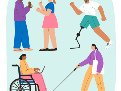 Illustration de diverses personnes handicapées au Musée de la Toile de Jouy : deux personnes utilisant la langue des signes, un coureur avec une prothèse de jambe, une personne en fauteuil roulant utilisant un ordinateur portable et une personne aveugle marchant avec une canne. - Musée de la Toile de Jouy