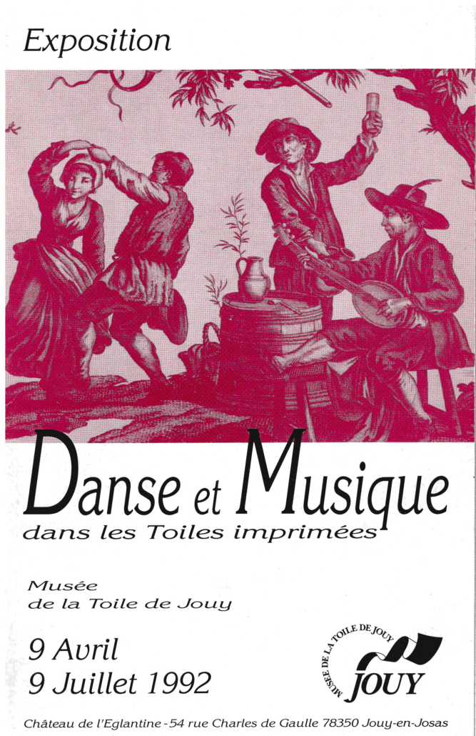 Affiche pour "Danse et Musique dans les Toiles imprimées", avec une illustration rose de personnes dansant et jouant de la musique au Musée de la Toile de Jouy, qui a eu lieu du 9 avril au 9 juillet 1992. - Musée de la Toile de Jouy