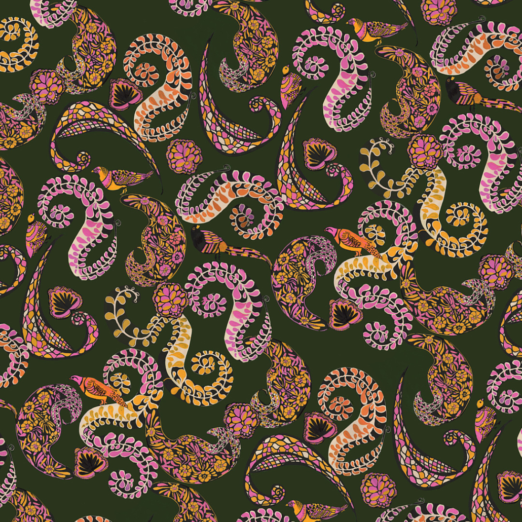 Motif cachemire coloré avec des formes tourbillonnantes dans les tons rose, orange, jaune et violet sur un fond vert foncé. Inspiré par le Prix Toile de Jouy 2026, le motif présente des motifs floraux et des feuilles pour une apparence vibrante et complexe. - Musée de la Toile de Jouy