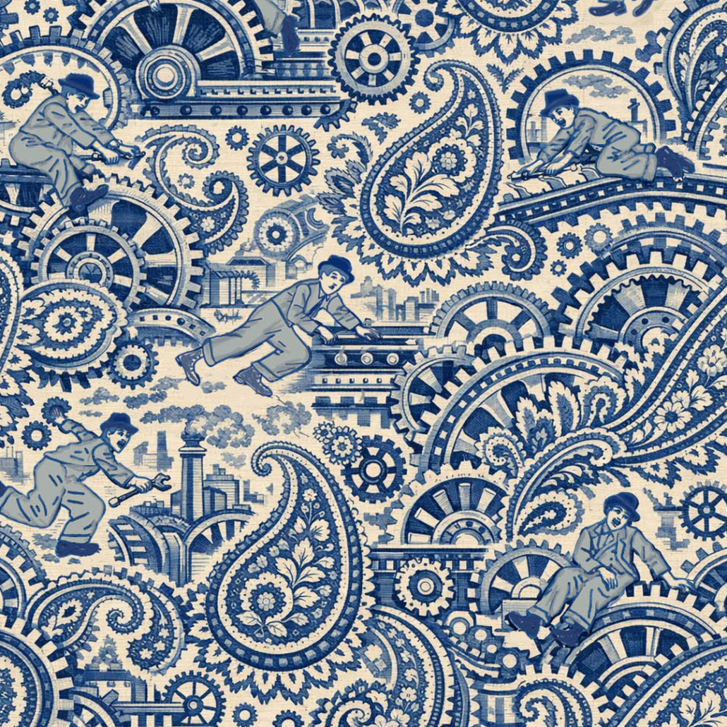 Motif complexe représentant des engrenages, des roues dentées, des formes paisibles et des personnages de bande dessinée en costume interagissant avec des machines, inspiré par l'industrie vintage fantaisiste et illustré dans des tons bleus - un clin d'œil au style du Prix Toile de Jouy 2026. - Musée de la Toile de Jouy