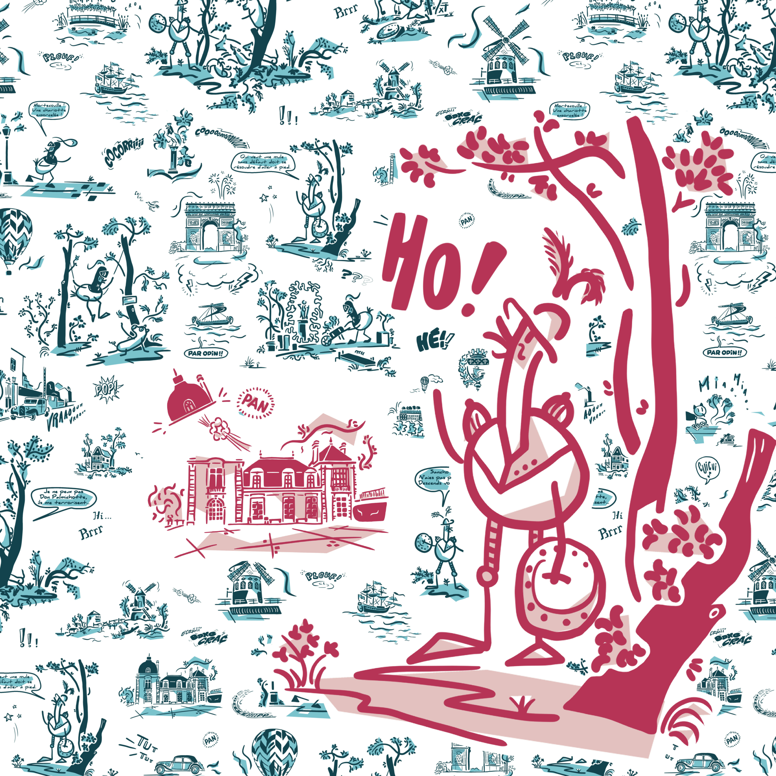 Motif fantaisiste inspiré des Bulles de Jouy, représentant un coq de dessin animé criant "HO !" près d'un arbre, avec des illustrations rouges et sarcelles de bâtiments, d'animaux et de personnes dispersées sur un fond blanc, dans le style Toile de Jouy. - Musée de la Toile de Jouy
