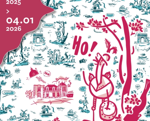 Affiche de l'exposition d'art "Saint Sat' et la Toile de Jouy", présentant des motifs décoratifs de la Toile de Jouy et une illustration rose de Saint Sat' avec un âne. L'exposition se déroule du 10 octobre 2025 au 4 janvier 2026. - Musée de la Toile de Jouy