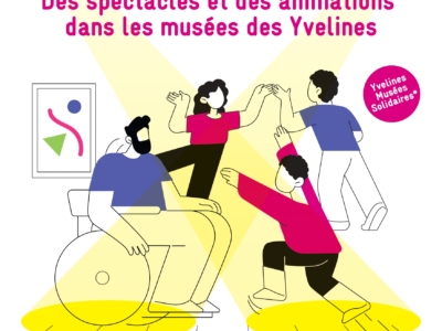 VISUEL-SEMAINE-HANDICAP (1)_page-0001 Affiche pour la Semaine de la Culture & du Handicap dans les Yvelines, France, représentant des personnes illustrées, dont une en fauteuil roulant, au milieu de formes abstraites jaunes. Dates de l'événement : 29 novembre-7 décembre 2025. Le texte met en évidence les événements liés à la culture inclusive. - Musée de la Toile de Jouy