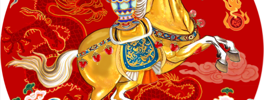 Un cheval doré se cabre sur ses pattes arrière sur un fond rouge vibrant avec des nuages complexes, des motifs décoratifs et un léger dragon. Le cheval porte une harnachement bleu et or orné et porte un vase sur son dos. - Musée de la Toile de Jouy