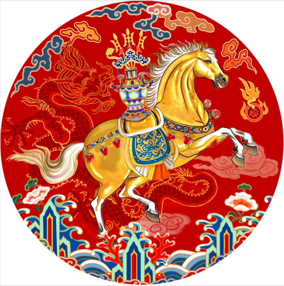 Un cheval doré se cabre sur ses pattes arrière sur un fond rouge vibrant avec des nuages complexes, des motifs décoratifs et un léger dragon. Le cheval porte une harnachement bleu et or orné et porte un vase sur son dos. - Musée de la Toile de Jouy