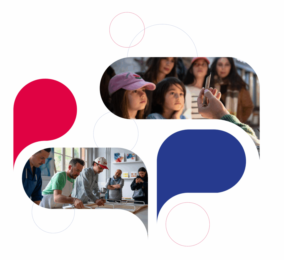 Deux photos aux formes superposées : l'une montre des enfants regardant quelqu'un tenir un objet, l'autre des adultes collaborant à une table, peut-être pour un projet d'artisanat ou de cuisine - reflétant l'esprit des Journées Européennes des Métiers d'Art (JEMA). Des éléments graphiques rouges et bleus ajoutent du piquant à l'ensemble. - Musée de la Toile de Jouy