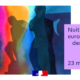 Les silhouettes aquarelles colorées de quatre personnes se détachent sur un fond vibrant. Un encadré violet sur la droite indique : "Nuit européenne des musées, Samedi 23 mai 2026." Un petit drapeau français se trouve en bas au centre. - Musée de la Toile de Jouy