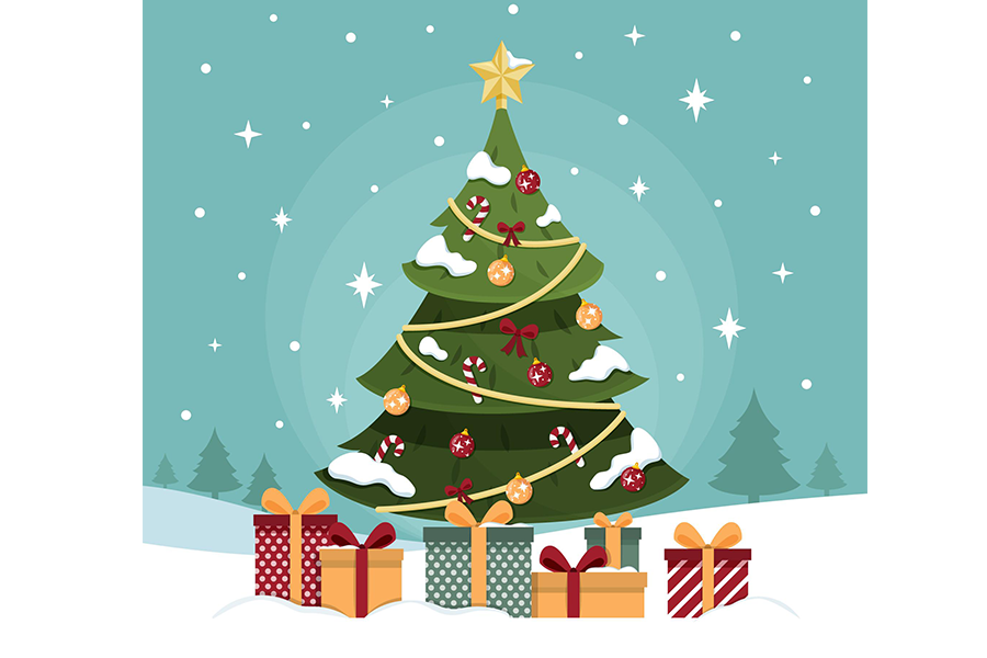 Un sapin de Noël décoré de boules et recouvert de neige se dresse à l'extérieur, entouré de cadeaux emballés. La neige recouvre le sol, et on aperçoit des sapins et des flocons de neige à l'arrière-plan, sous un ciel étoilé. - Musée de la Toile de Jouy