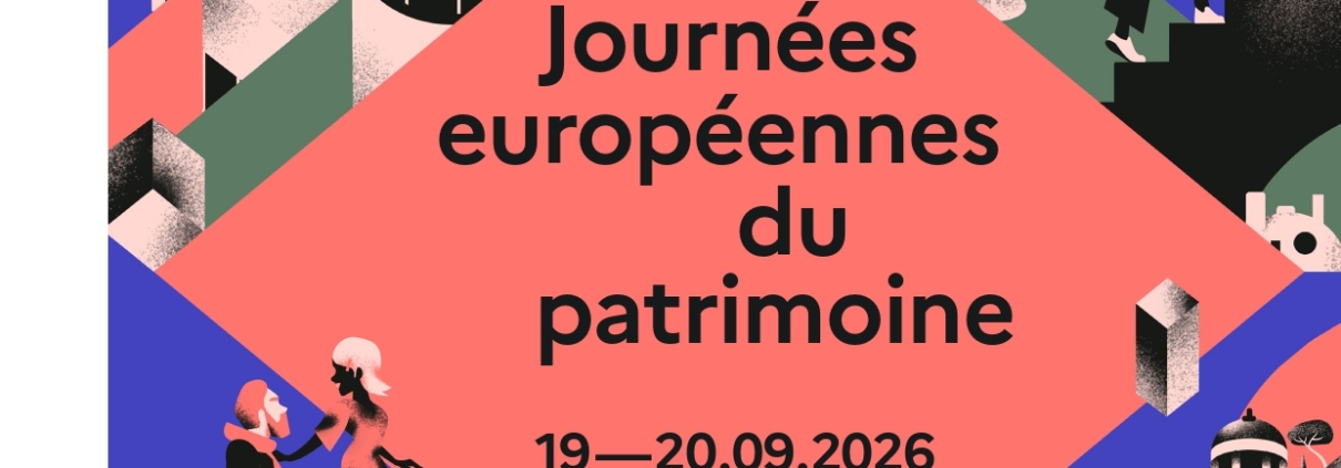 Affiche pour les Journées européennes du patrimoine, représentant des personnages stylisés découvrant des sites patrimoniaux, avec le titre « Journées européennes du patrimoine » et les informations relatives à l'événement des 19 et 20 septembre 2026. - Musée de la Toile de Jouy