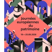 Affiche pour les Journées européennes du patrimoine, représentant des personnages stylisés découvrant des sites patrimoniaux, avec le titre « Journées européennes du patrimoine » et les informations relatives à l'événement des 19 et 20 septembre 2026. - Musée de la Toile de Jouy