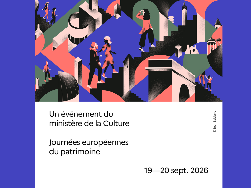 Illustration représentant des personnes découvrant des monuments architecturaux stylisés aux couleurs vives, dans le cadre de la promotion des Journées européennes du patrimoine, organisées par le ministère de la Culture et qui se dérouleront les 19 et 20 septembre 2026. - Musée de la Toile de Jouy