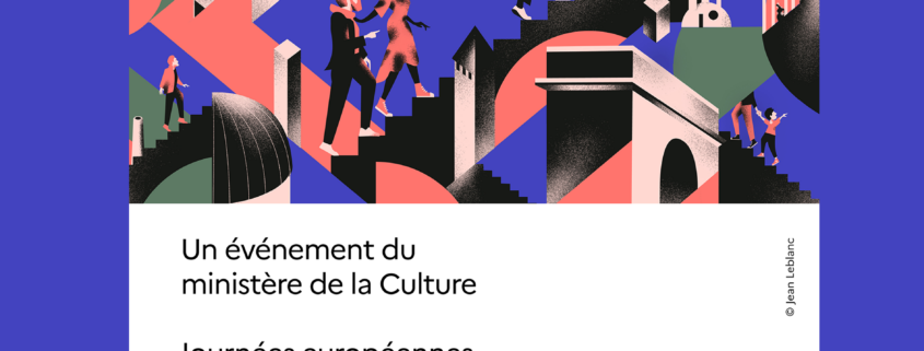 Illustration représentant des personnes découvrant des monuments architecturaux stylisés aux couleurs vives, dans le cadre de la promotion des Journées européennes du patrimoine, organisées par le ministère de la Culture et qui se dérouleront les 19 et 20 septembre 2026. - Musée de la Toile de Jouy